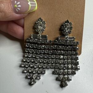 Mid Century Vintage Jewelry Clear Rhinestone Sparkling Chandelier Earrings Clip
